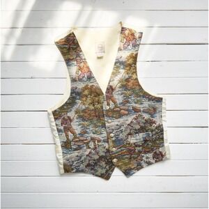 vtg Bass fly fishing novelty print tapestry vest